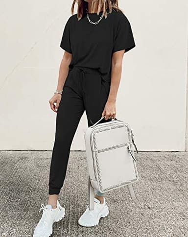 PRETTYGARDEN Women's Two Piece Lounge Sets 2025 Spring Summer Jogger Pants Vacation Outfits Travel Airplane Matching Clothes (A-black,X-Large) - Image 4