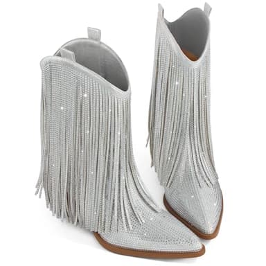 Ouepiano Cowboy Boots for Women - Cowgirl Rhinestone Boots with Sparkly Fringe Pointed Toe Western Boot Chunky Heel Pull-On Wide Calf Silver Botas Vaqueras Size 6.5 - Image 6