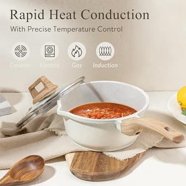 CAROTE 1.5Qt & 3.0Qt Sauce Pan Sets with Lid Cooking Pots Nonstick Saucepans Cookware Set with Pour Spout Small Kitchen Pot, Induction Comptable, Easy to Clean, PFOA FREE (White Granite) - Image 4