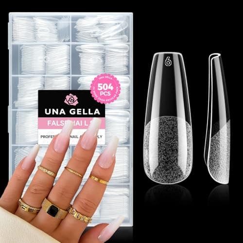 UNA GELLA Long Coffin Nail Tips, 504pcs Pre-Shape Fake Nails Half Matte Full Cover Acrylic Gel Nail Tips Clear Long Coffin Press On Nails Home DIY Extension 12 Sizes Gelly Tips - Image 1