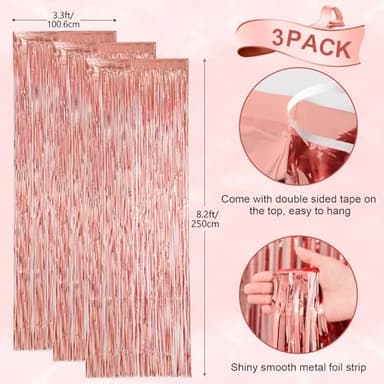 Voircoloria 3 Pack 3.3x8.2 Feet Rose Gold Foil Fringe Backdrop Curtains, Tinsel Streamers Birthday Party Decorations, Fringe Backdrop for Graduation, Baby Shower, Gender Reveal, Disco Party - Image 3