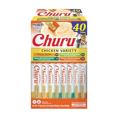 INABA Churu Cat Treats, Grain-Free, Lickable, Squeezable Creamy Purée Cat Treat/Topper with Vitamin E & Taurine, 0.5 Ounces Each Tube, 40 Tubes, Chicken Variety Box - Image 1