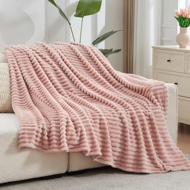 NEWCOSPLAY Super Soft Throw Blanket Pink Premium Silky Flannel Fleece 3D Ribbed Jacquard Lightweight Bed Blanket All Season Use (Pink Ribbed, Throw(50"x60")) - Image 8