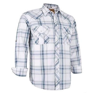 COEVALS CLUB Men's Long Sleeve Casual Western Two Pockets Work Plaid Pearl Snap Button Up Shirt (White Plaid/L, 28#) - Image 1