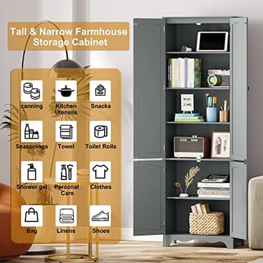 Function Home Tall Pantry Cabinet, Freestanding Storage Cabinet, Wooden Kitchen Pantry with 4 Doors and 5 Shelves, 72" Floor Cabinet Organizer for Kitchen Living Room Bathroom, Grey - Image 9