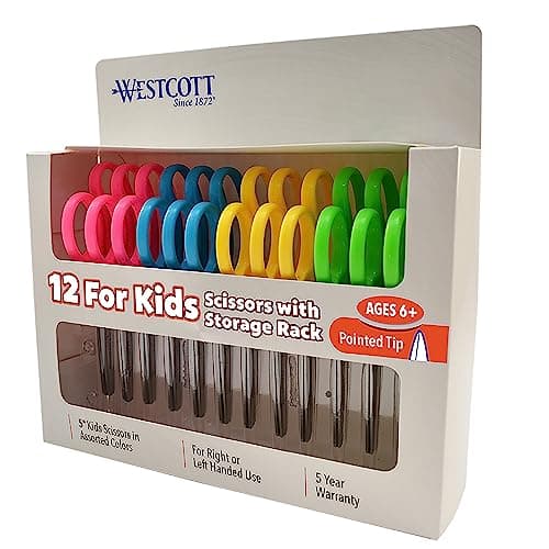 Westcott Right- & Left-Handed Pointed Scissors for Kids Ages 6+, Durable Stainless Steel Blades, Back to School Supplies, Classroom Scissors, Includes Storage Rack, 5-Inch, 12 Pack, Assorted Colors - Image 1