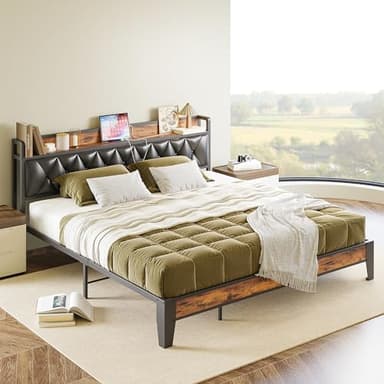 ANCTOR King Bed Frame, Storage Headboard with Outlets, Easy to Install, Sturdy and Stable, No Noise, No Box Springs Needed, Rustic Brown and Black - Image 9