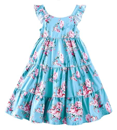 Girls Dresses Size 7 8 Sleeveless Floral Vintage Dress Swing Ruffle Sleeve Blue Sundresses for Girl - Image 1