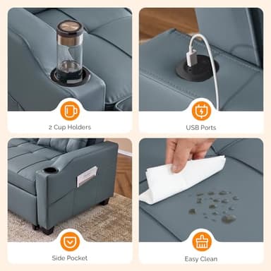 VINGLI Convertible Loveseat Sleeper, Blue Grey Faux Leather Futon Sofa Bed Pullout Couch Bed with USB Ports, Cup Holders, Armrest for Living Room, Bedroom, Home Office Apartment - Image 8