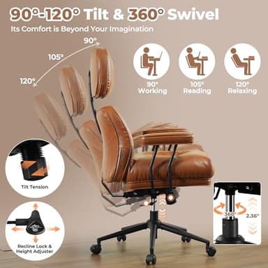 ovios Ergonomic Home Office Chair, Mid-Century Modern Faux Leather Chairs with Thickened Cushions, Comfy High Back Swivel Rolling Executive Computer Armchair (Brown, PU Leather) - Image 4