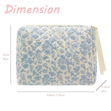 PAZIMIIK Quilted Makeup Bag Large Travel Zipper Soft Cosmetic Pouch for Women Girls Make Up,Little Flower Blue - Image 4