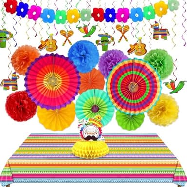 [ 7 Varieties ] 39 Pcs Cinco De Mayo Decorations, Fiesta Mexican Theme Party Supplies Paper Fans Pom Poms Banner Hanging Swirls Table Cover Honeycomb Table Centerpiece Taco Luau Decor - Image 1