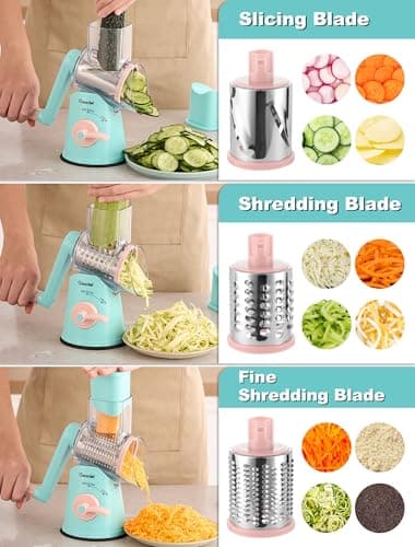 Geedel Rotary Cheese Grater Cheese Shredder - Upgraded 5-in-1 Cheese Grater with Handle and Strong Suction Base, Multi-purpose Vegetable Slicer Ice Shaver Nuts Grinder for Ice, Vegetables, Fruit, Nuts - Image 4