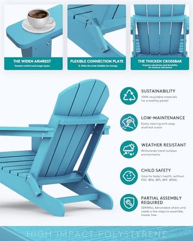 SERWALL Foldable Adirondack Chair Set of 4 for Patio Garden Outdoors- Aruba Blue - Image 5