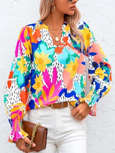 MASCOMODA Womens V Neck Floral Long Sleeve Tops 2025 Summer Casual Loose Puff Sleeve Chiffon Boho Work Blouse Dressy T Shirts(Multicolored Flower,X-Large) - Image 3
