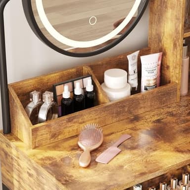 Vabches Makeup Vanity Desk with Round Mirror and Lights, Vanity Makeup Table with 2 Drawers, Small Vanity Table for Bedroom with Lots Storage (Brown with Charging, 15.75 * 31.5 * 53.6in - Image 7