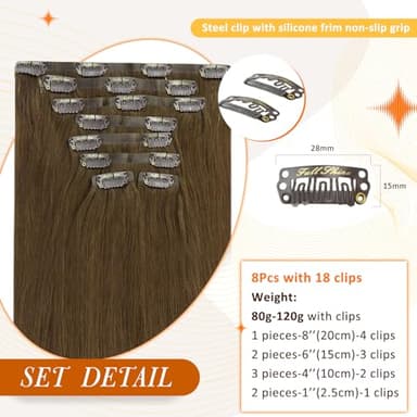Full Shine Human Hair Clip in Extensions Brown 22 Inch Seamless Clip in Hair Extensions Human Hair Remy Medium Brown for Long Hair Thick Ends 8 PCS 120 Grams - Image 2