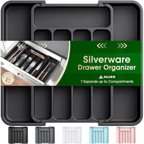 Aujen Silverware Organizer - Expandable Kitchen Drawer Organizer, Adjustable Utensil Organizer, Cutlery Tray for Forks, Knives, Multipurpose Kitchen Organizers and Storage Solution, Black, Medium - Image 1