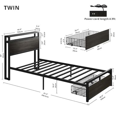 LIKIMIO Twin Bed Frames with Drawer, Storage Headboard with Outlets, No Box Spring Needed, Easy Assembly, Gray Black - Image 2