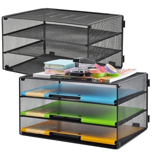 COSYAWN 3 Tier Mesh Desk Paper Tray Organizer, File Organization for Letter Document, Desktop Mail Storage Holder for Office Home School, Black, 2 Pack - Image 1