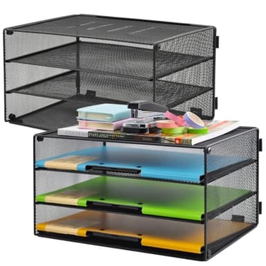 COSYAWN 3 Tier Mesh Desk Paper Tray Organizer, File Organization for Letter Document, Desktop Mail Storage Holder for Office Home School, Black, 2 Pack - Image 1