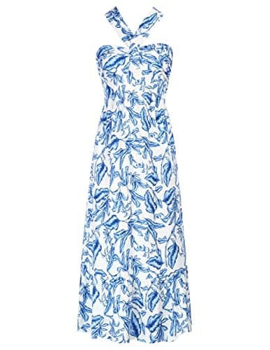 GRACE KARIN Women Crisscross Halterneck Floral Print Maxi Dresses for Summer White Blue XL - Image 1