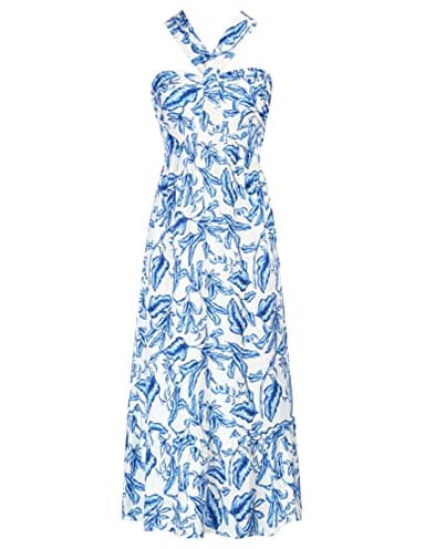 GRACE KARIN Women Crisscross Halterneck Floral Print Maxi Dresses for Summer White Blue XL - Image 1