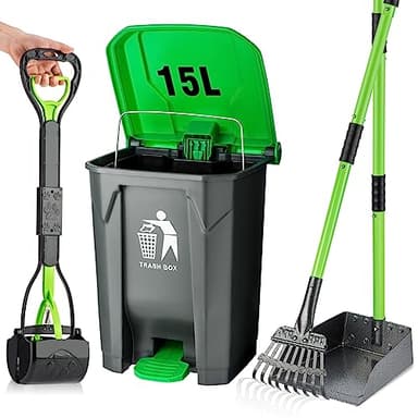 MXF Pooper Scooper Set - 28" Dog Pooper Scooper & Long Handle Stainless Metal Tray&Rake, 15 Litre Step Dog Poop Trash Can w/Removable Inner Bucket, 20 Waste Bags for Outdoors - Image 1