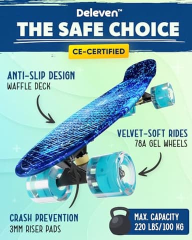 Deleven 22" Skateboard with Bright LED Wheels, Skate Tool, ABEC 7 Bearings - for Kids Beginners Adults - Image 3