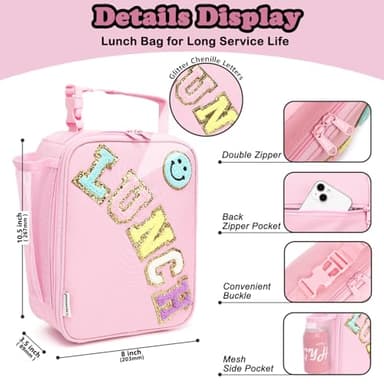 FlowFly Lunch box Insulated Soft Bag Mini Cooler Back to School Thermal Meal Tote Kit With Buckle and Mesh Side Pocket for Girls, Boys, PinkWithLetter - Image 3
