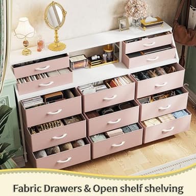 Romorgniz 55" W Pink Dresser for Bedroom with Deep Fabric Drawers, Long Chests of Drawers with 2 Open Wooden Shelves, Large Vanity Dressers for Entryway, Dorm, Sturdy Metal Frame, Wood Top - Image 8
