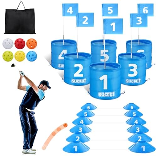 SUGFUT Backyard Golf Games Blue Portable 6 Hole Golf Course Play with Golf Flags Golf Yard Games for Adults, Kids, Family - Bucket Backyard Games, Outdoor Games, Bucket Games - Image 1