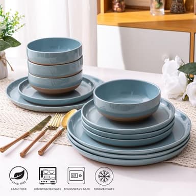 AmorArc Ceramic Dinnerware Sets for 4, 12 Pieces Handpainted Plates and Bowls Set with Rustic Terracotta Underside, Scratch Resistant Stoneware Dishes Set, Dishwasher & Microwave Safe, Stone Blue - Image 4