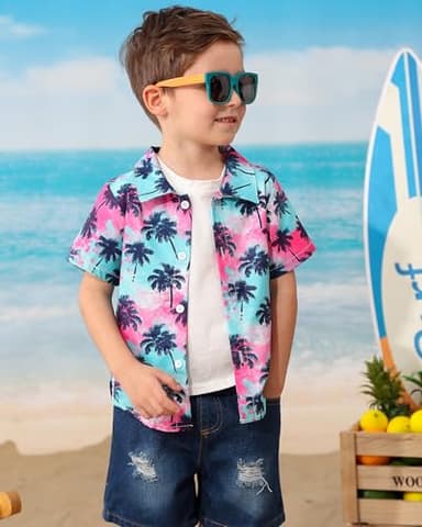 Coco&RARA Toddler Baby Boy Clothes Summer Beach Outfits Hawaiian Short Sleeve Button Down Shirts+Denim Shorts Casual Set (Colorful - Palm Trees, 4-5T) - Image 4