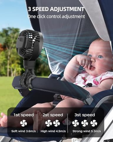 TUNISE Stroller Fan: Rechargeable with TYPE-C Port, 4000mAh, 360° Rotatable, 3-Speed, Flexible Tripod, Clip Anywhere for Baby's Comfort - Durable and Easy to Clean, Black - Image 2