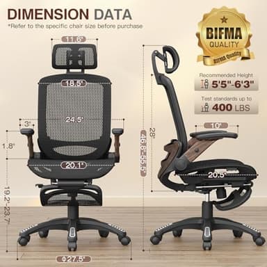 GABRYLLY Ergonomic Office Chair with Footrest, High Back Mesh Computer Chair with Flip-Up Arm, 3D Headrest, 135° Reclining, Rolling Gaming Task Chair with Wide Seat Lumbar Support,400LBS - Image 3