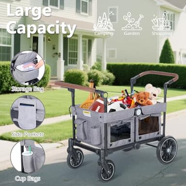 Kinder King Folding Wagon Stroller for 2 Kids, All-Terrain Baby Stroller Wagon Outdoor, Removable Canopy 2 Seater, Adjustable Handle, Shock-Absorbing Wheel, Detachable Tray, Parent Organizer, Gray - Image 6