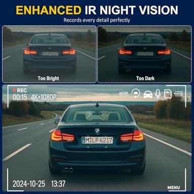 Dash Cam Front and Rear,3 Channel Dash Cam for Car with 5G WiFi, 64GB Card,4K+1080P+1080P Front Inside and Rear Car Dash Camera,3.16”Screen,Night Vision,Loop Recording, G-Sensor, WDR, Parking Mode - Image 7
