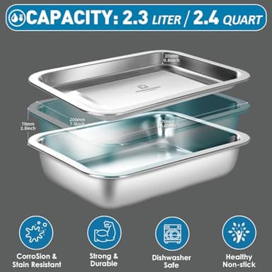 Stainless Steel Food Prep Container with Rack & Lid (Tray), 2.4Quarts, Catering Pans, Restaurant Pans, Buffet Party Pan, Roasting Pan with Rack, Bakeware Roaster, Oven Casserole (1305 / No5) - Image 6