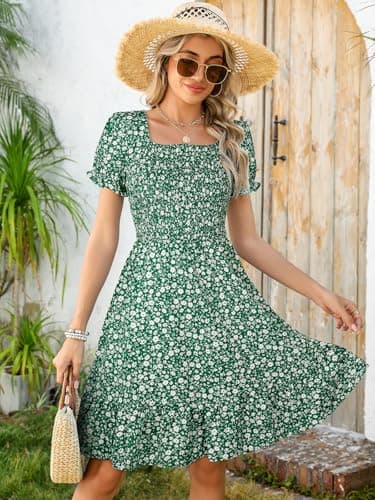 Lyrur Floral Mini Dresses with Pockets Short Sleeve Summer Dress Square Neck Flowy A-Line Boho Smocked Sundresses (S,7036 Green Floral) - Image 4