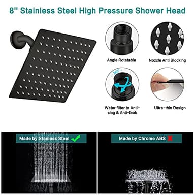 Shower Head, 8‘’ High Pressure Rainfall/Handheld Shower Combo with 11'' Extension Arm, 9 Settings, Anti-leak Shower Head with Holder, Height/Angle Adjustable, Chrome, Matte Black - Image 3