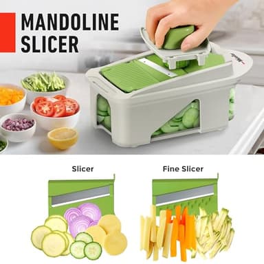 Mueller Pro-Series All-in-One, 12 Blade Mandoline Slicer for Kitchen, Food Chopper, Cucumber Slicer and Spiralizer, Cutter, Dicer, Grater, Gifts for Mom, Kitchen Essentials, White Sand/Green - Image 5