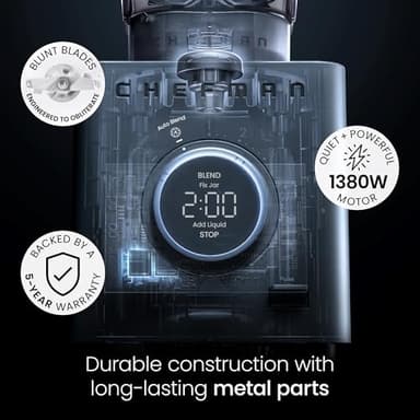 Chefman Obliterator 48 oz Countertop Blender for Smoothies, 1380W Motor to Crush Ice, Nuts, and Frozen Fruit with Stainless Steel Blade, Auto Blend Function, Includes Tamper and Scraper - Midnight - Image 4