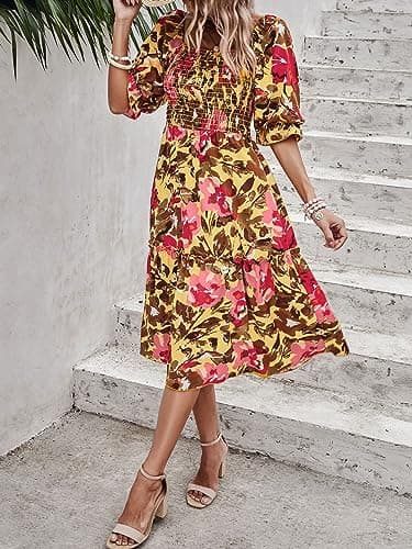 PRETTYGARDEN Women's Summer Dresses 2025 Casual Midi Spring Puff Sleeve Square Neck A Line Flowy Ruffle Boho Floral Smocked Sundress (Light Yellow Red Flower,M) - Image 7
