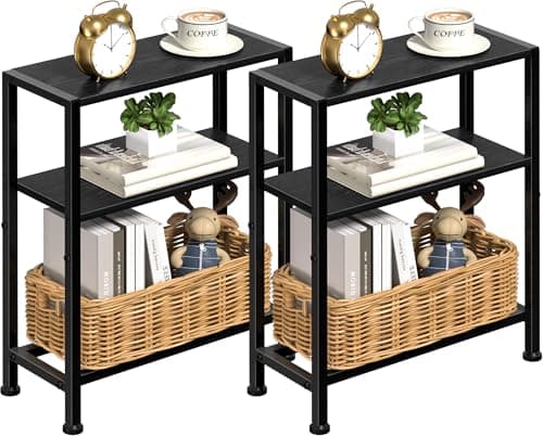 Narrow Side Table Set of 2 for Small Space, 2-Tier Small End Table with Shelf Holder, Slim Nightstand, Skinny Snack Couch Table in Living Room, Bedroom, Study, Kitchen and Balcony (Black) - Image 1