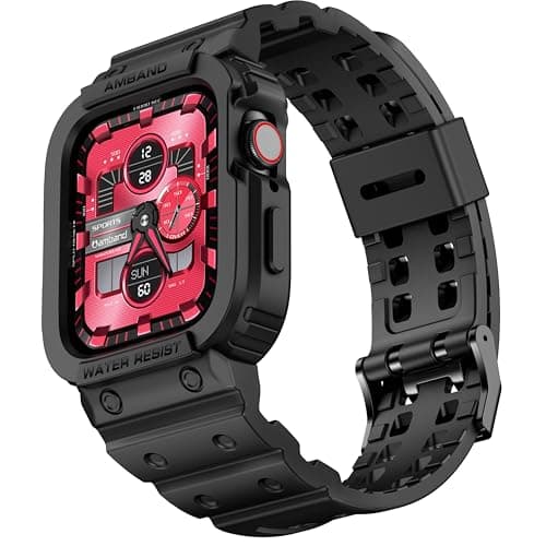 amBand Compatible with Apple Watch Series 9/8/7/SE (3/2/1)/6/5/4/3 Band for Men 45mm 44mm 42mm Case, Rugged Sport Strap for iWatch 45/44 mm Military Protective Cover Bumper Drop-Proof, Matte Black - Image 1