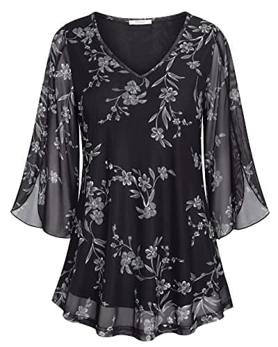 Bebonnie Womens Ruffle 3/4 Sleeve V Neck Double Layers Mesh Blouses Loose Fit Flowy Tunic Tops Multi Black XXXXL - Image 1