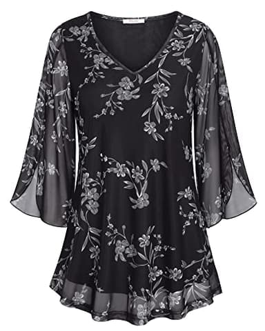 Bebonnie Womens Ruffle 3/4 Sleeve V Neck Double Layers Mesh Blouses Loose Fit Flowy Tunic Tops Multi Black XXXXL - Image 1