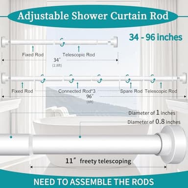 YNL Shower Curtain Rod 34-96 Inches, Non-Slip, Never Rust, No Drill Spring Tension Curtain Rod for Bathroom Window Stainless Steel, White - Image 9