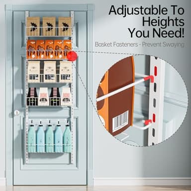 Delamu Adjustable Cabinet Door Organizer, 6-Tier Hanging Spice Rack Organizer, Metal Over the Door Pantry Organizer, Pantry Organizers and Storage Shelves for Kitchen Bathroom Laundry Room, White M - Image 2